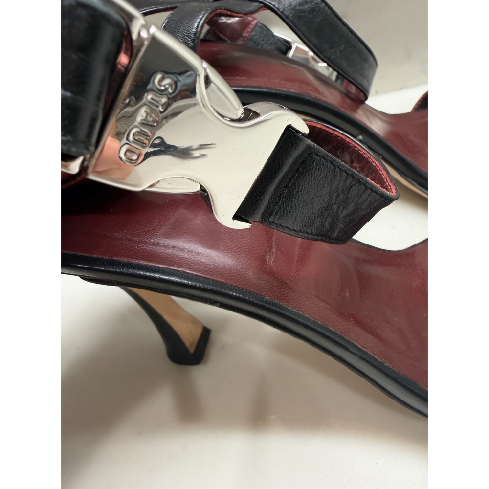 STAUD Black Leather Buckle Ankle Strap Sandals Silver Hardware Heels 37.5 - Picture 3 of 7
